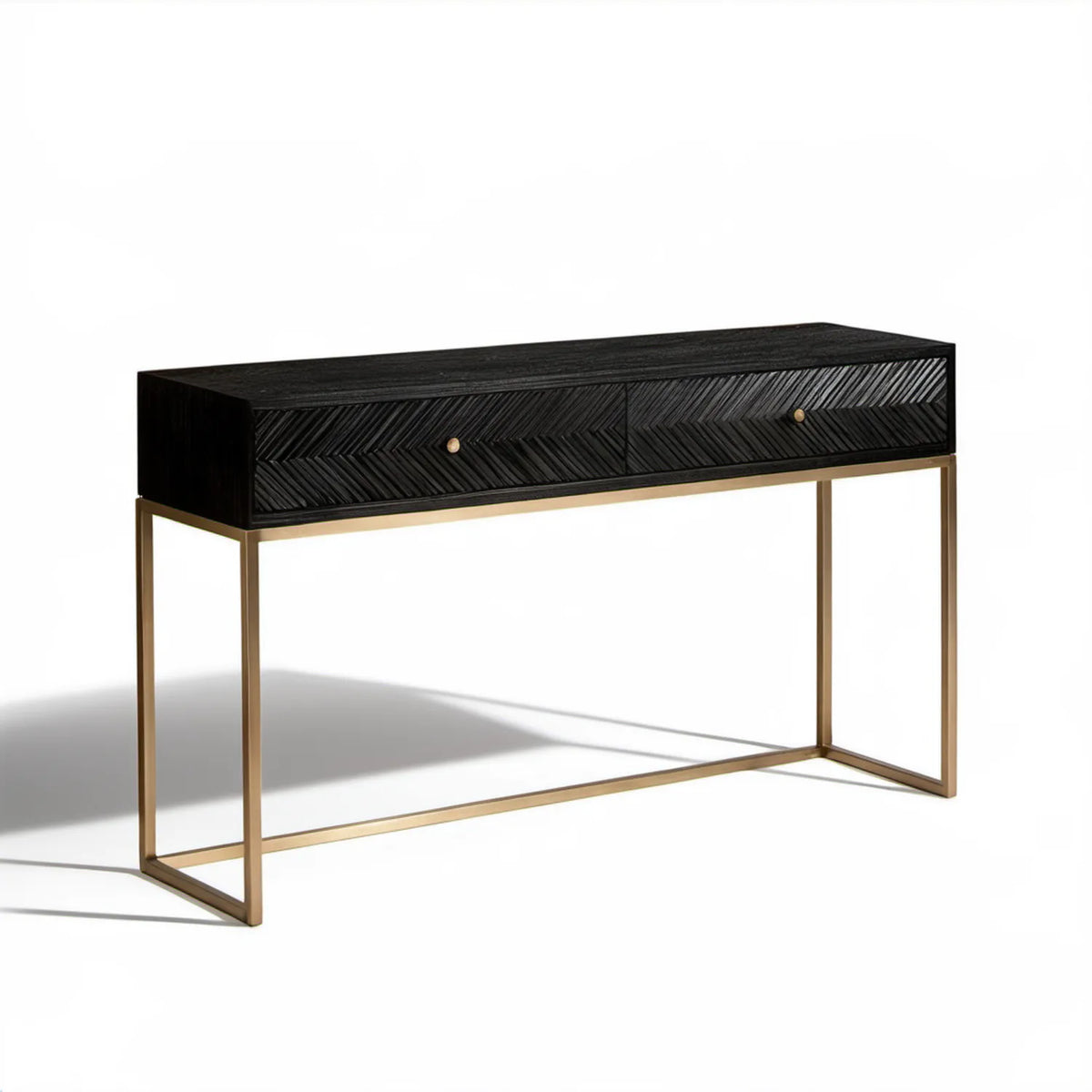 Konsola czarna ze złotym stelażem, 2 szuflady, 120 x 35 x 80 cm, MDF, fornir dębowy, stal