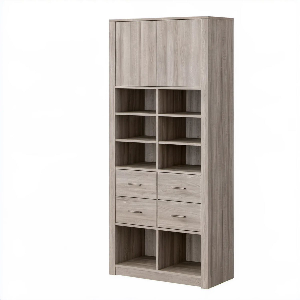 Wysoki kredens dąb szary 80 x 40 x 200 cm z 2 drzwiami, 4 szufladami i 8 wnękami