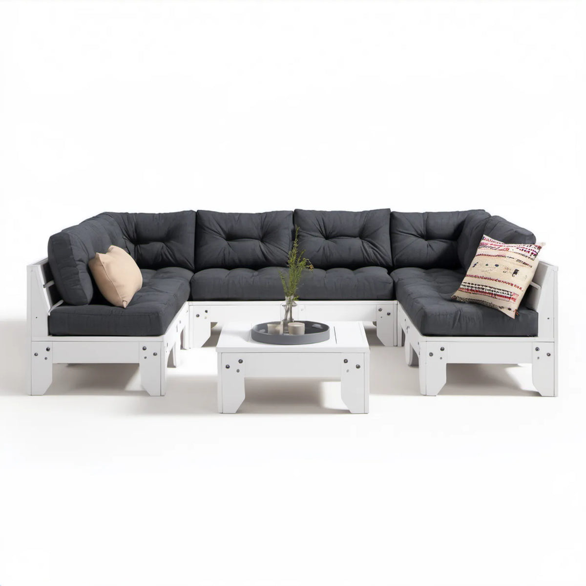 Biało-grafitowy narożnik modułowy z drewna sosnowego ze stolikiem, 330 × 165 × 80 cm