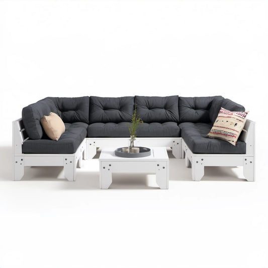 Biało-grafitowy narożnik modułowy z drewna sosnowego ze stolikiem, 330 × 165 × 80 cm