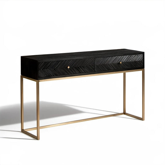 Konsola czarna ze złotym stelażem, 2 szuflady, 120 x 35 x 80 cm, MDF, fornir dębowy, stal
