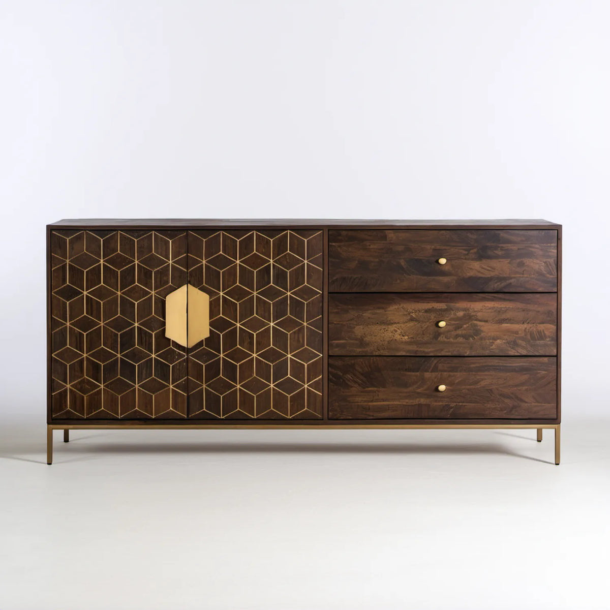 Kredens z litego drewna mango 160 x 45 x 85 cm, ciemnobrązowy/złoty