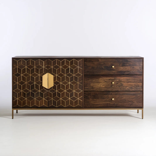 Kredens z litego drewna mango 160 x 45 x 85 cm, ciemnobrązowy/złoty