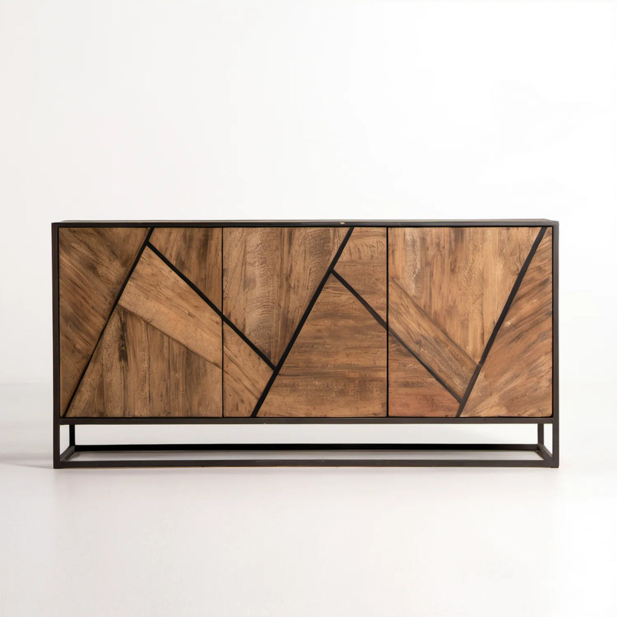 Komoda 3-drzwiowa z litego drewna mango i stali, brązowo-czarna, 160 x 40 x 85 cm