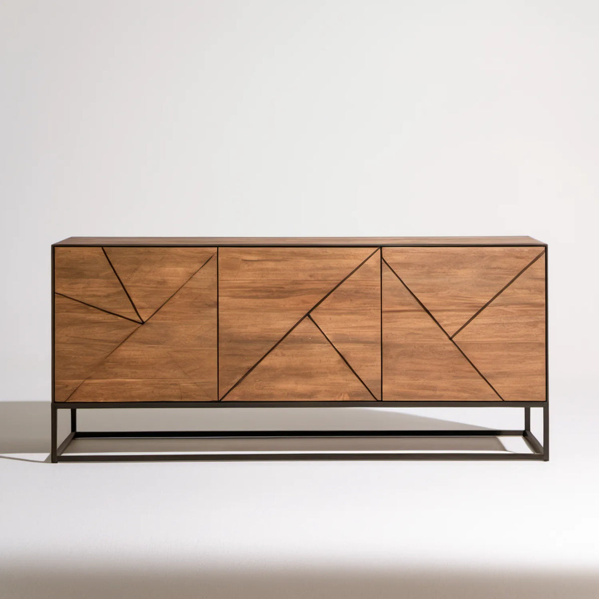 Brązowo-czarny kredens z litego drewna mango, 3 drzwi, 180 × 40 × 85 cm