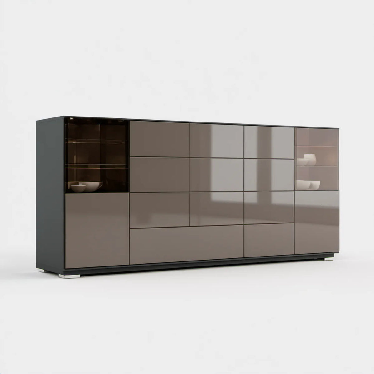 Nowoczesny kredens taupe z MDF i szkłem hartowanym, 200 x 45 x 100 cm