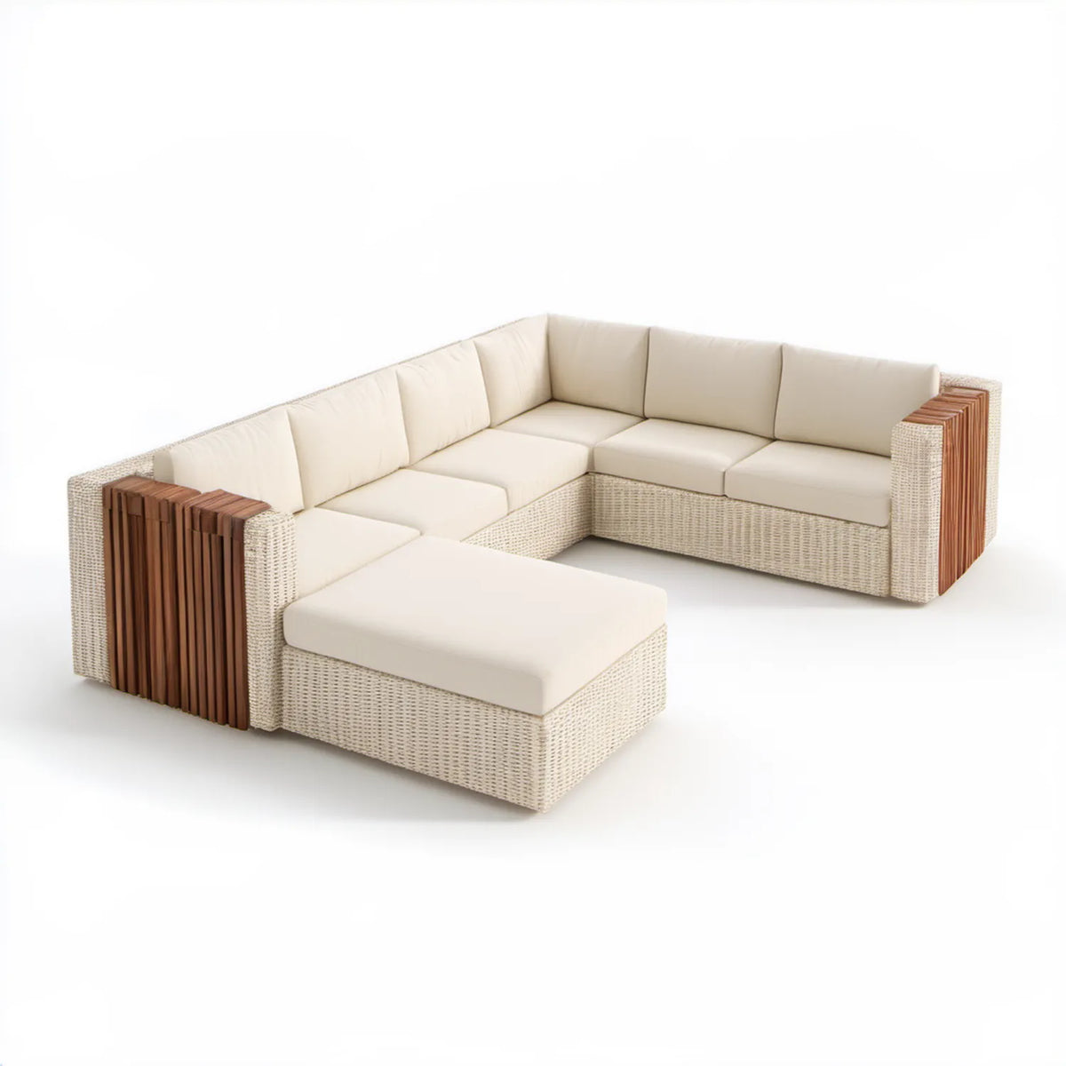Modułowy narożnik ogrodowy w kształcie U dla 6 osób, beżowo-kremowo-brązowy, 310 × 230 × 75 cm, technorattan PE i drewno akacjowe