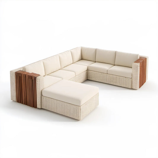 Modułowy narożnik ogrodowy w kształcie U dla 6 osób, beżowo-kremowo-brązowy, 310 × 230 × 75 cm, technorattan PE i drewno akacjowe