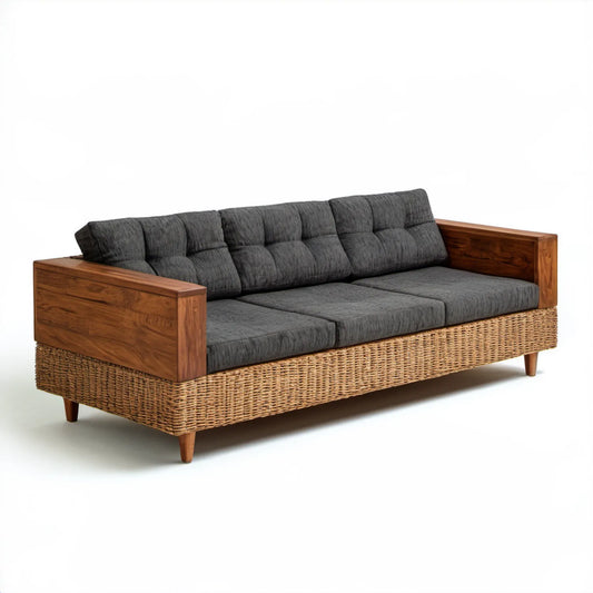 Trzyosobowa sofa ogrodowa brązowo-antracytowa 220 x 90 x 85 cm z drewna akacjowego i technorattanu
