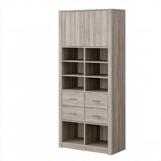 Wysoki kredens dąb szary 80 x 40 x 200 cm z 2 drzwiami, 4 szufladami i 8 wnękami