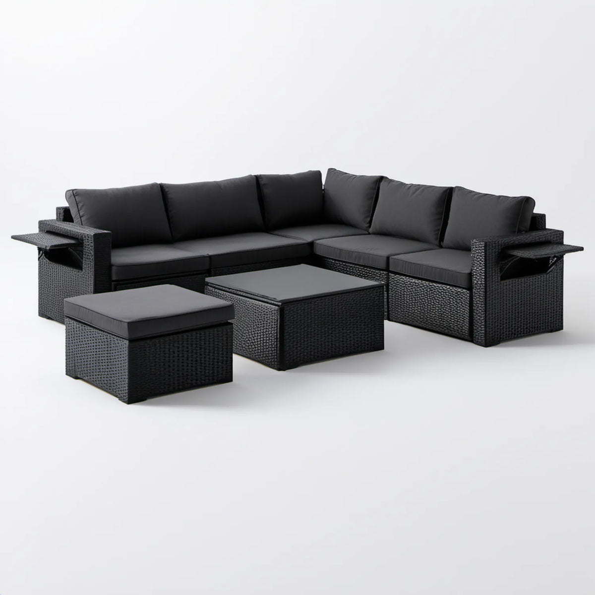 Czarny narożny zestaw ogrodowy z technorattanu PE 220 x 220 x 70 cm