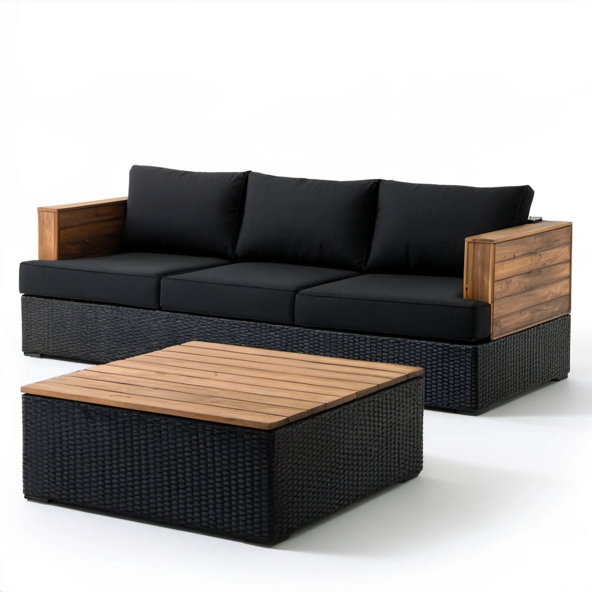 3-osobowa sofa ogrodowa ze stolikiem z technorattanu i drewna akacjowego, czarno-brązowa, 200 × 75 × 70 cm