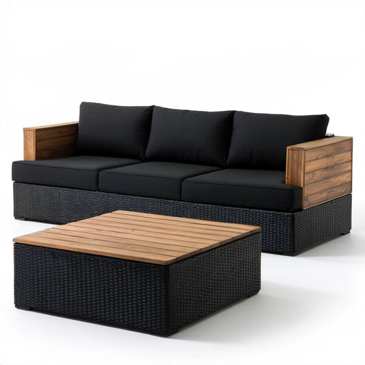3-osobowa sofa ogrodowa ze stolikiem z technorattanu i drewna akacjowego, czarno-brązowa, 200 × 75 × 70 cm